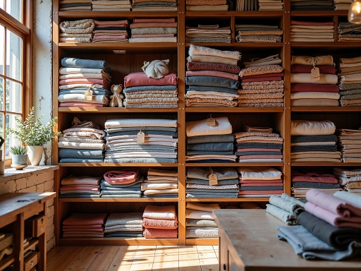 纺织品展示,包括服装、床上用品、毛巾等,色彩丰富的布料制品整齐陈列